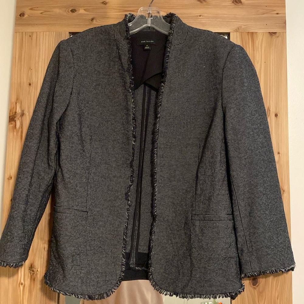 Ann Taylor cotton tweed jacket with frayed detail. Color Navy.